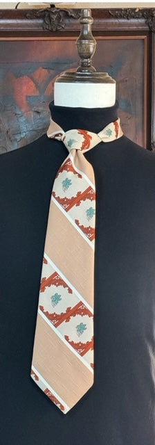 Vintage 1950s Story Carvats Necktie. Tan, Beige, Teal, and White. Made in the USA.