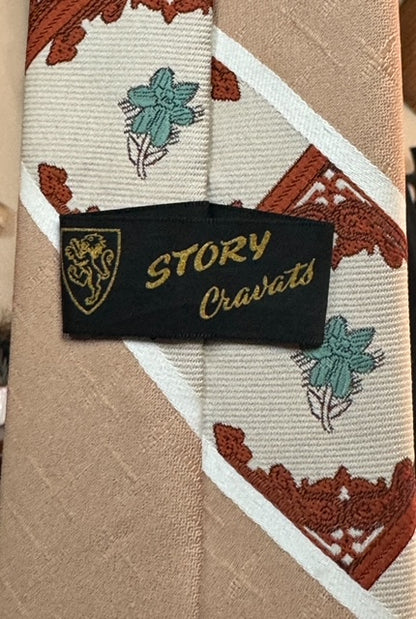 Vintage 1950s Story Carvats Necktie. Tan, Beige, Teal, and White. Made in the USA.